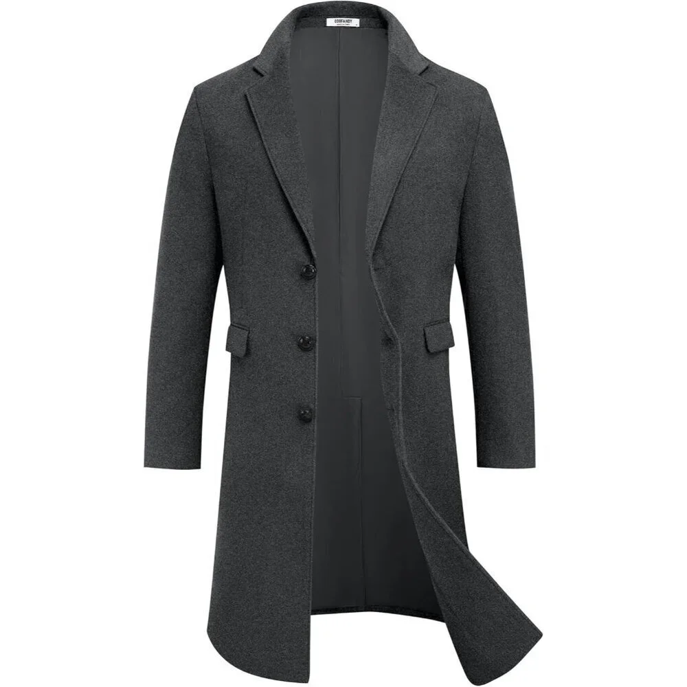 Men's Dark Grey Trench Coat Long Casual Notched Collar Wool Blend Pea coat